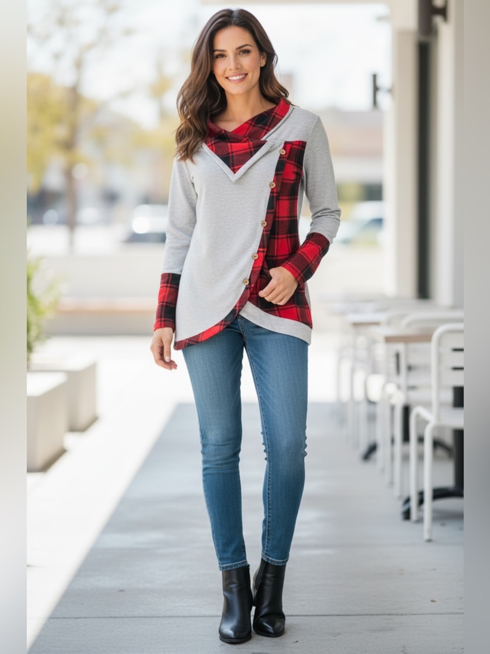 Unique Gray and Red Fold Cowl Neck Buffalo Check Plaid Pullover Top